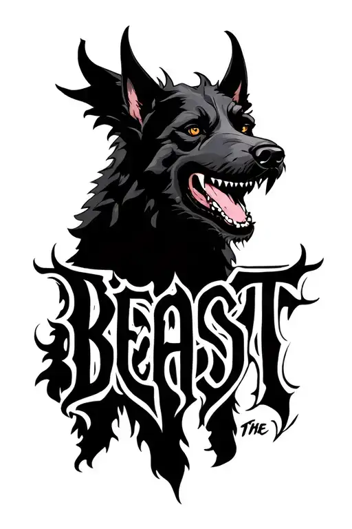 the word beast with demonic hellhound sillouette tattoo design idea