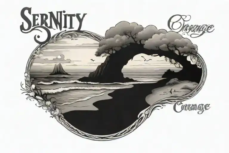 serenity prayer written beach scene tattoo design idea