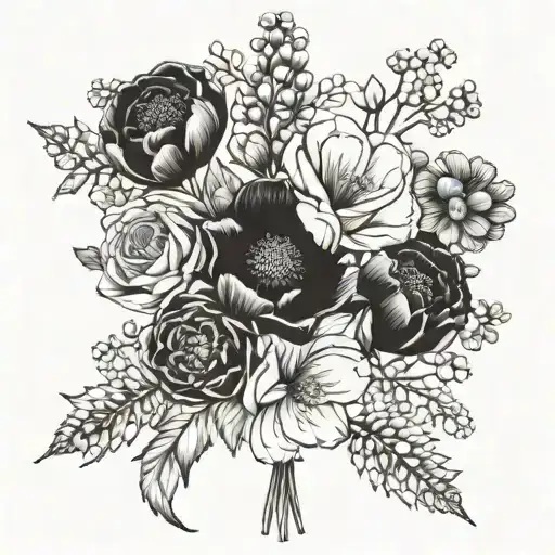 birth flower bouquet with May, August, October, November, February flowers tattoo design idea