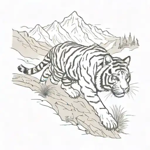 A sketch style tattoo of a tiger enjoying a peaceful drive through the mountains tattoo design idea