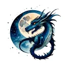 an midieval dragon and a moon in background  tattoo design idea