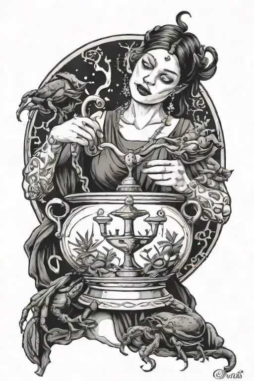 a woman representing the libra zodiac sign having a pot representing aquarius in one hand and a crabe representingcancer tattoo design idea