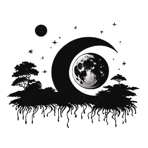 2 WAXING GIBBOUS and a WANING CRESCENT moons in the sky tattoo design idea