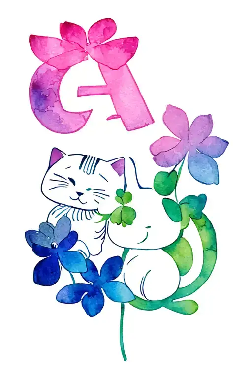 initials combined G, A, E, lucky leaf clover, lotus, maneki neko cat tattoo design idea