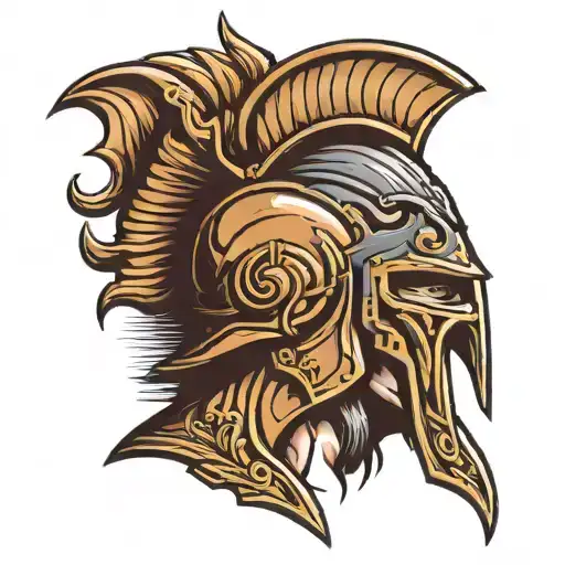 design Tattoo of A strong, muscular male figure wearing traditional Spartan armor, including a Corinthian helmet, bronze tattoo design idea
