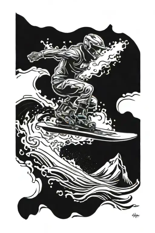 Snowboard Freestyle, surfing wave, Mountainbike Racing Mountains tattoo design idea