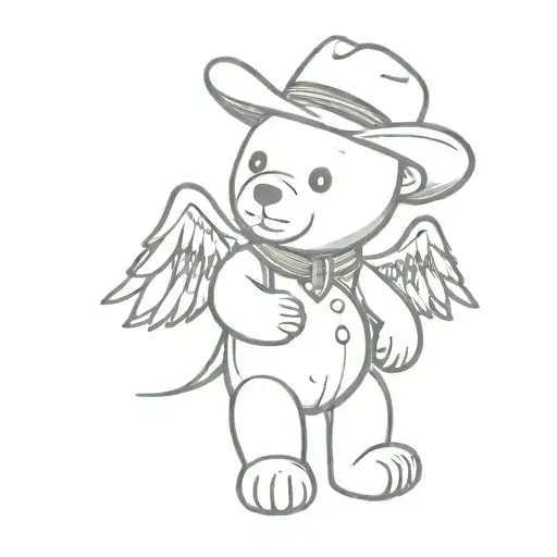 teddy bear sitting T on its foot cowboy hat and wings tattoo design idea