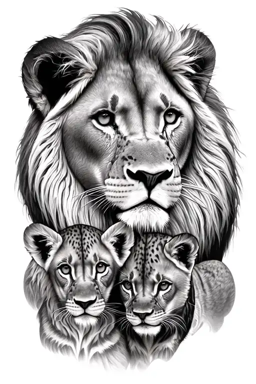 lion lioness and 2 cubs face only tattoo design idea