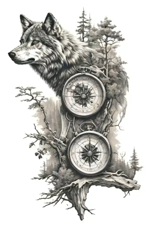 wolf compass forest landscape tattoo design idea