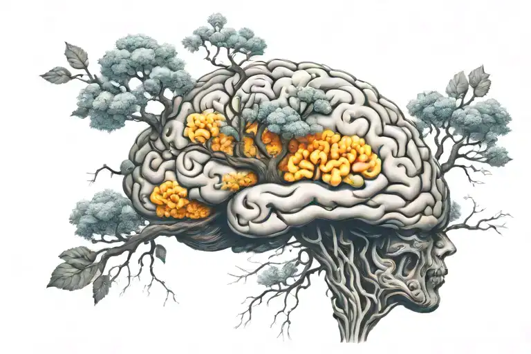 A surreal scene of a floating brain meditating under a tree of wisdom   tattoo design idea