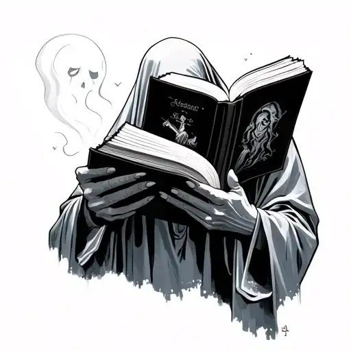 Ghost painting a ghost reading a book open in front tattoo design idea