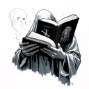 Ghost painting a ghost reading a book open in front tattoo design idea