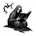 Ghost painting a ghost reading a book open in front tattoo design idea
