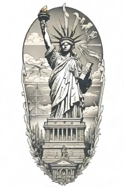 Statue of Liberty with liberty bell and eagle tattoo design idea