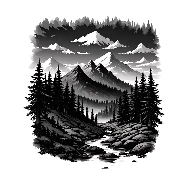 Forest Clearing with mountains tattoo design idea