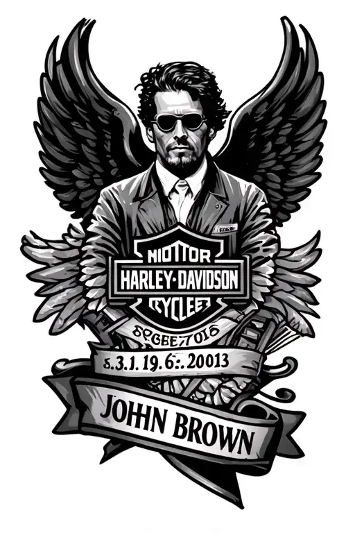"3.19.1960-6.3.2013 John Brown" memorial tattoo, incorporate the Harley Davidson logo on forearm tattoo design idea