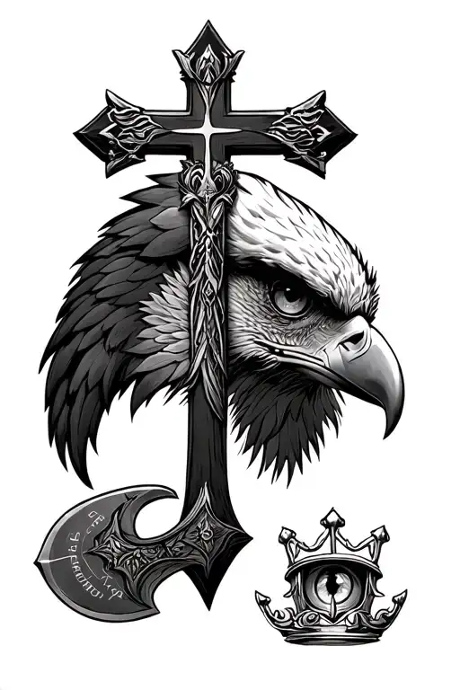 Incorporate a cross, at crown, a Viking axe, an eagle eye and a bible verse tattoo design idea