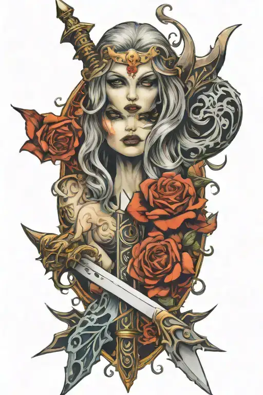 fantasy sword with demonic women's face behind the hilt tattoo design idea
