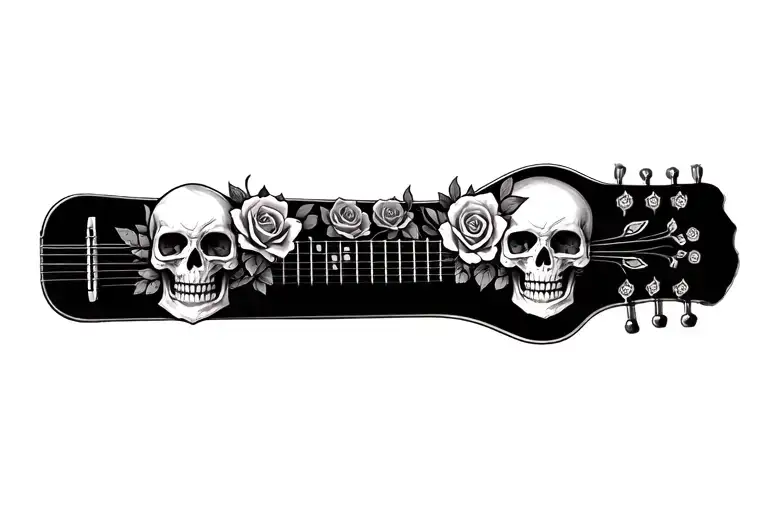 skull and roses around a guitar neck tattoo tattoo design idea