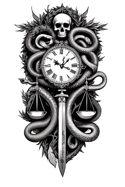 gothic tree of life intertwined with v-twin motor, libra scales and a clock, with skull and knife, feather and snake  tattoo design idea
