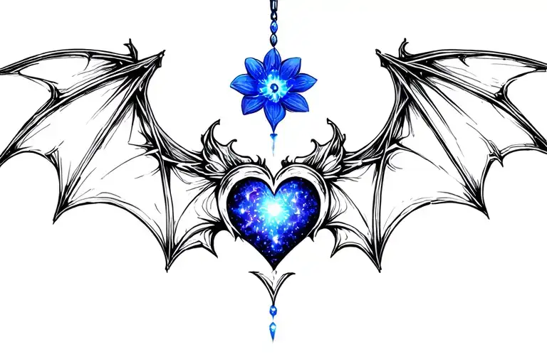 Tribal bat heart shaped lock with celestials elements vertically above the tribal bat like a cosmic and blue blossom tattoo design idea