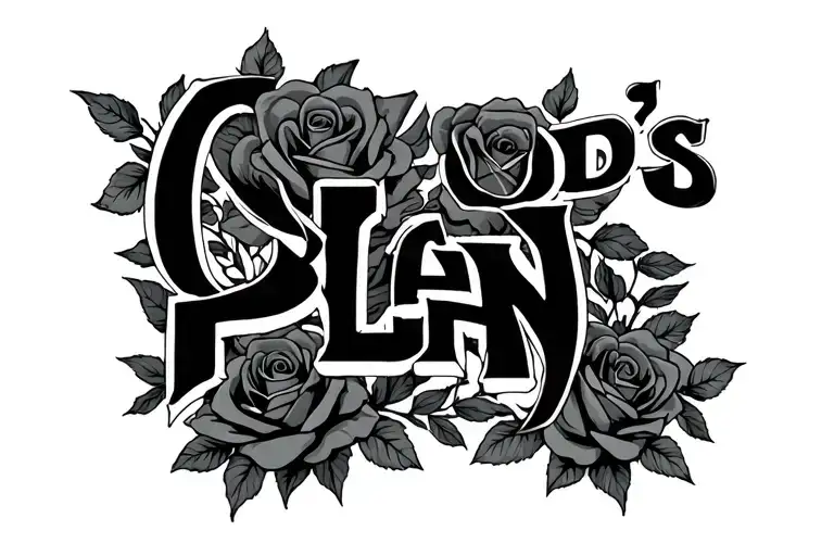 "GOD'S PLAN" in graffiti with roses intertwined around tattoo design idea