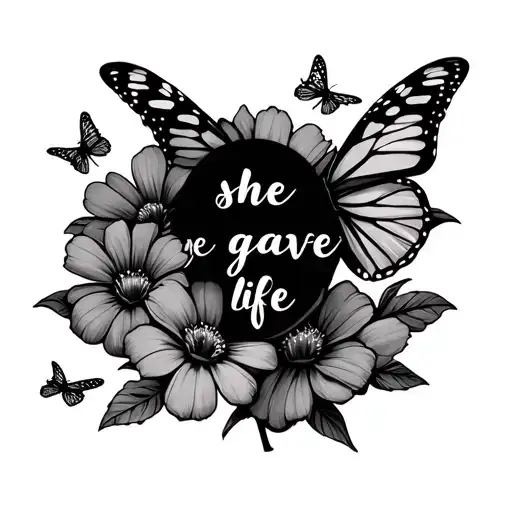 "she gave me life" 2 flowers and 2 butteflies tattoo design idea