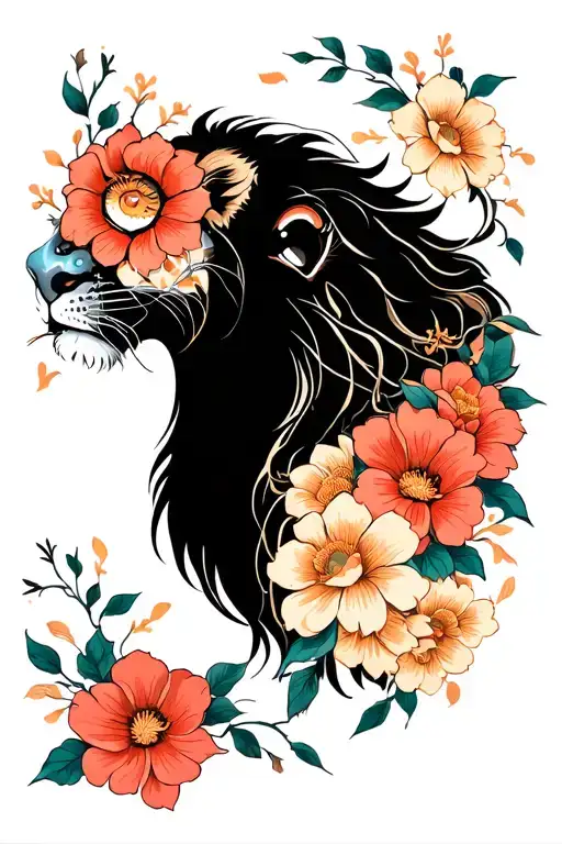 lioness head surrounded by flowers with protective eye tattoo design idea