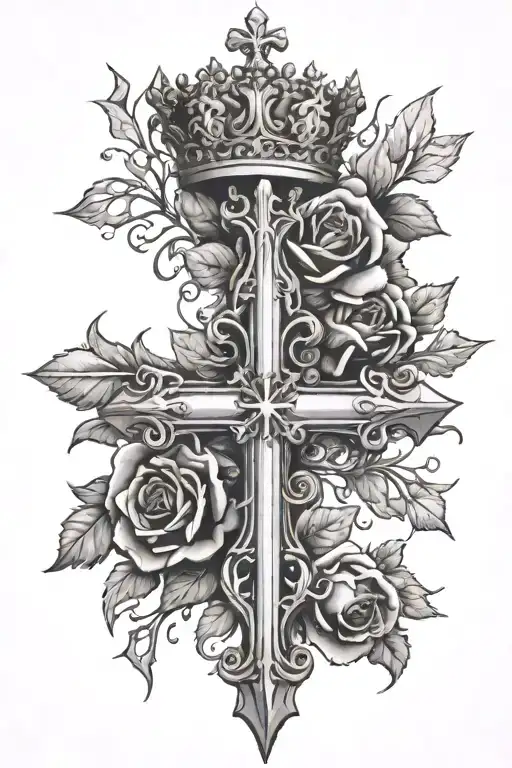 chrome hearts cross with slight roses and crown of thorns tattoo design idea