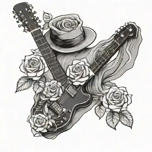 grand father date of death 31 March 2022, guitar, roses,music  tattoo design idea