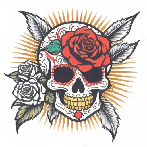 Sugar skull two Spears a cross a rose and a sun shining tattoo design idea