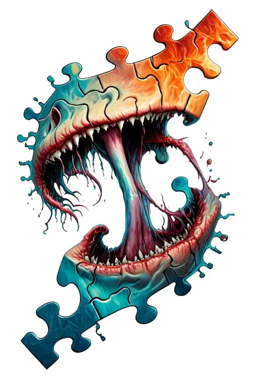 Eldritch Horror flesh ripping apart yet connected puzzle pieces tattoo design idea