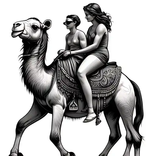 mom and boy riding on a camel fineline tattoo tattoo design idea