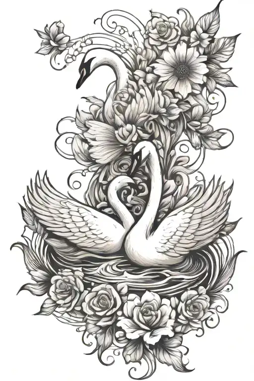 one swan with wings open and the other one swiming.  flower details around the swans black and white tattoo design idea