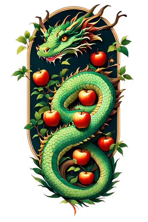 a dragon is coiled around the garden of eden tree with apples tattoo design idea