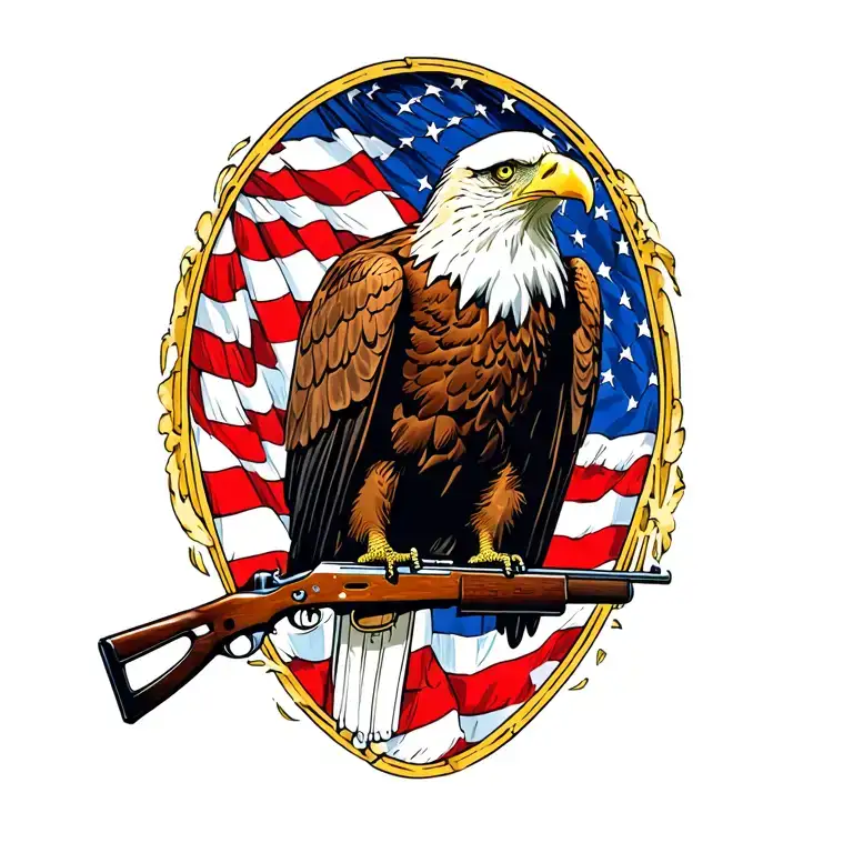 A patriotic bald eagle perched on a rifle with an American flag in the background tattoo design idea