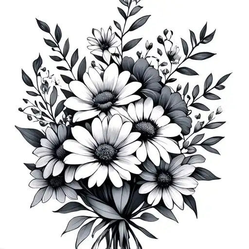 single line bouquet of flowers with the birth month flowers of December, September, June, and August  tattoo design idea
