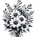 single line bouquet of flowers with the birth month flowers of December, September, June, and August  tattoo design idea