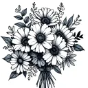 single line bouquet of flowers with the birth month flowers of December, September, June, and August  tattoo design idea