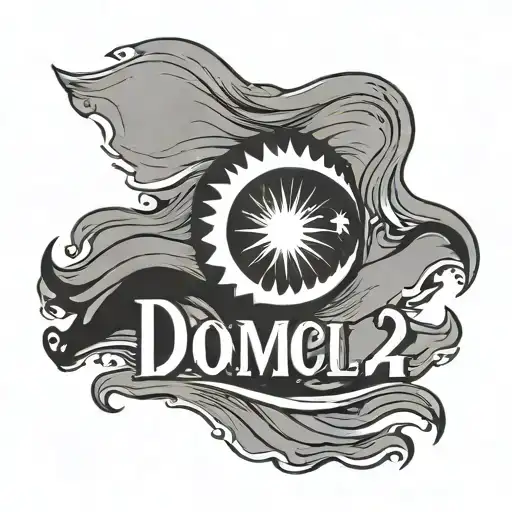 Create a black-grey tattoo of a Nepali flag waving in the wind, with 'Domcol 2024' written in a bold font across the flag tattoo design idea