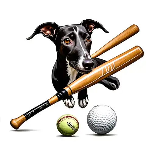 greyhound, golf and cricket bat and ball tattoo design idea