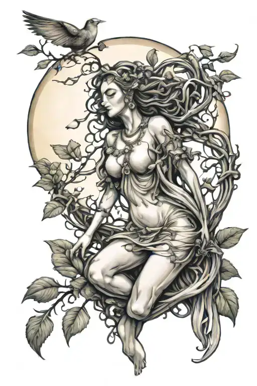 Moon Goddess statue and spindalis bird perched with vines  tattoo design idea