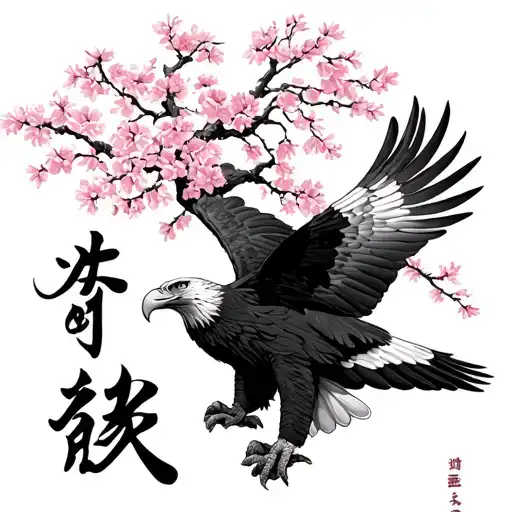Cherry blossom tree and American eagle with the Japanese word strength and courage  tattoo design idea