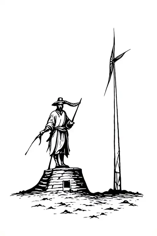 don quixote wins against the windmill tattoo design idea