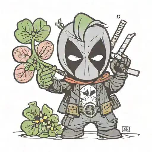 mini Deadpool holds a black four-leaf clover in his hand, and in the other the inscription "esse quam videri" tattoo design idea
