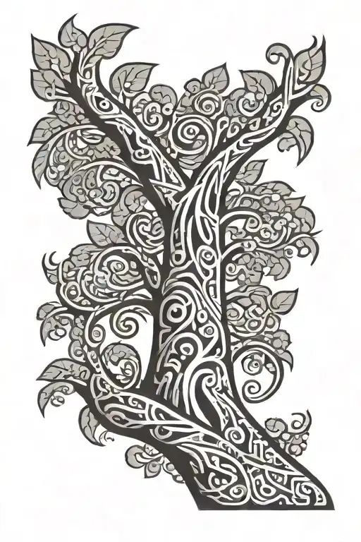 A vertical rib tattoo with the stanford tree and the interior of the tree is filled with polynesian tribal symbols tattoo design idea