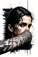 full sleeve tattoo, starting with geometric patterns at the wrist, glitch effect elbow, geometric bicep tattoo design idea