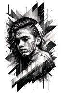 full sleeve tattoo, starting with geometric patterns at the wrist, glitch effect elbow, geometric bicep tattoo design idea