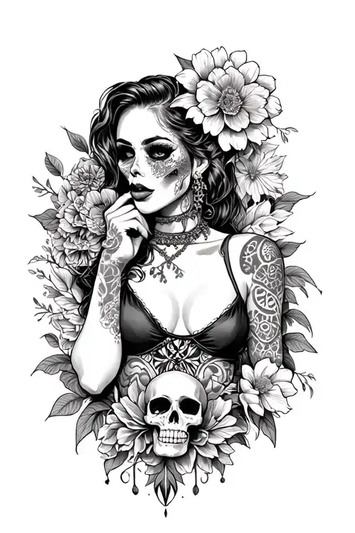 sexy criminal woman with skulls, flowers and mandala tattoo design idea