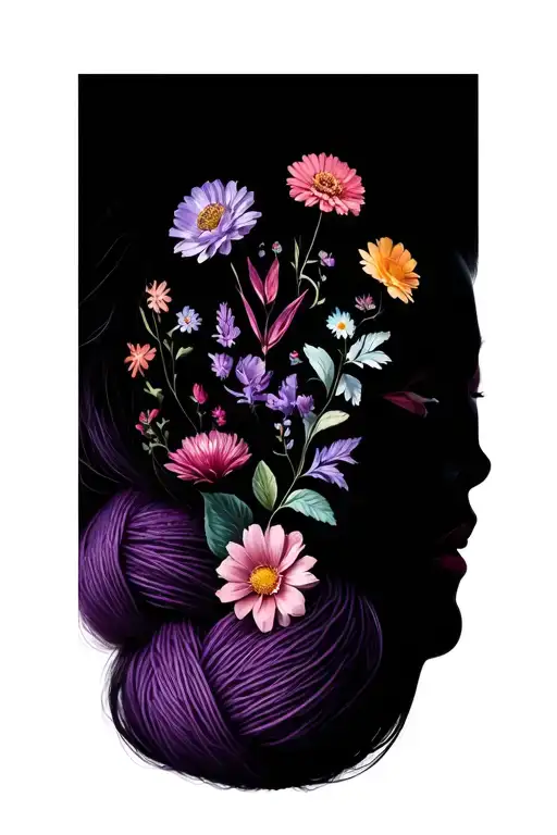 lots of different real flowers in yarn on top of female head side profile tattoo design idea